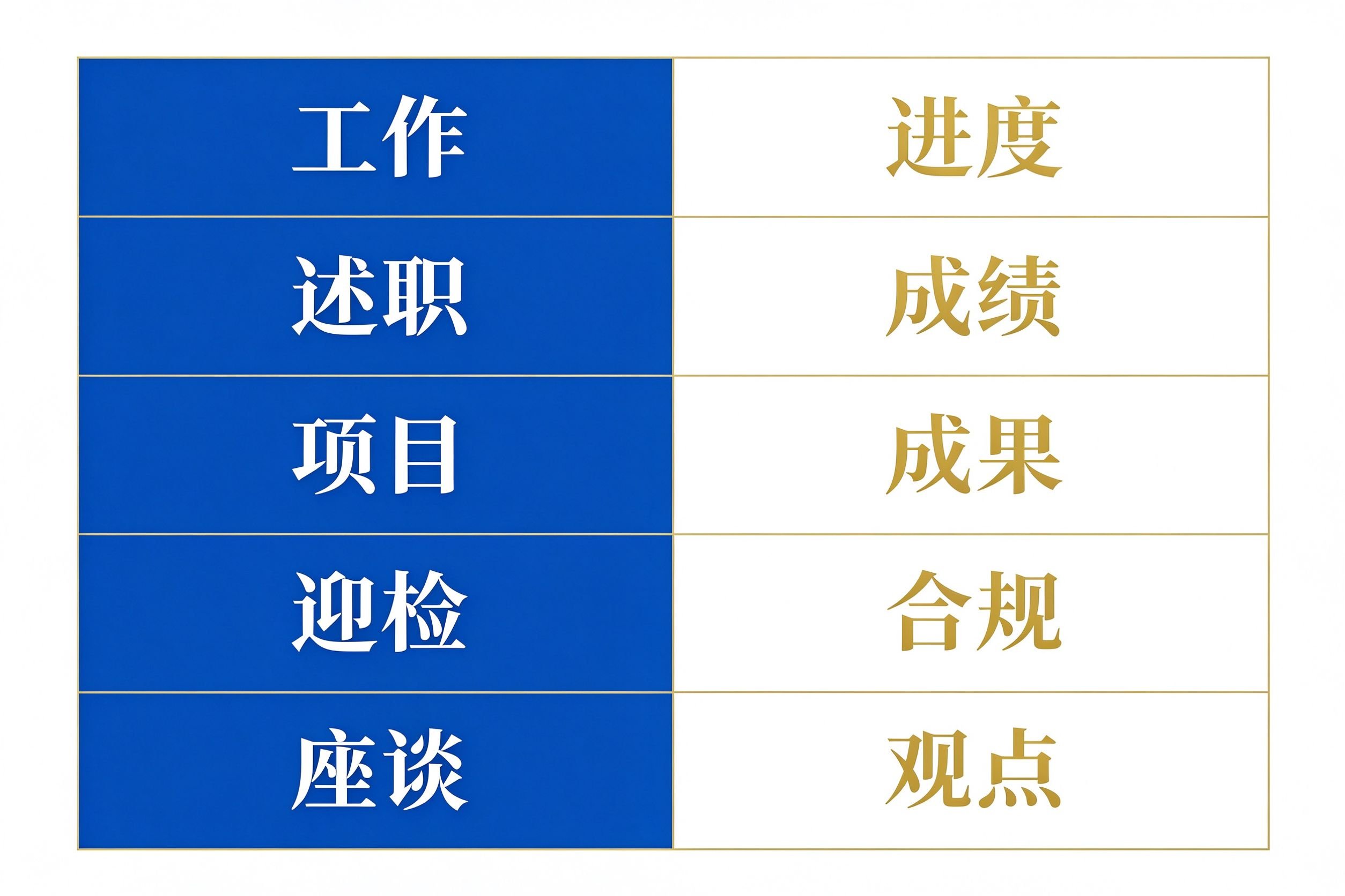 五类汇报发言场景侧重点矩阵图，工作重进度、述职重成绩、项目重成果、迎检重合规、座谈重观点