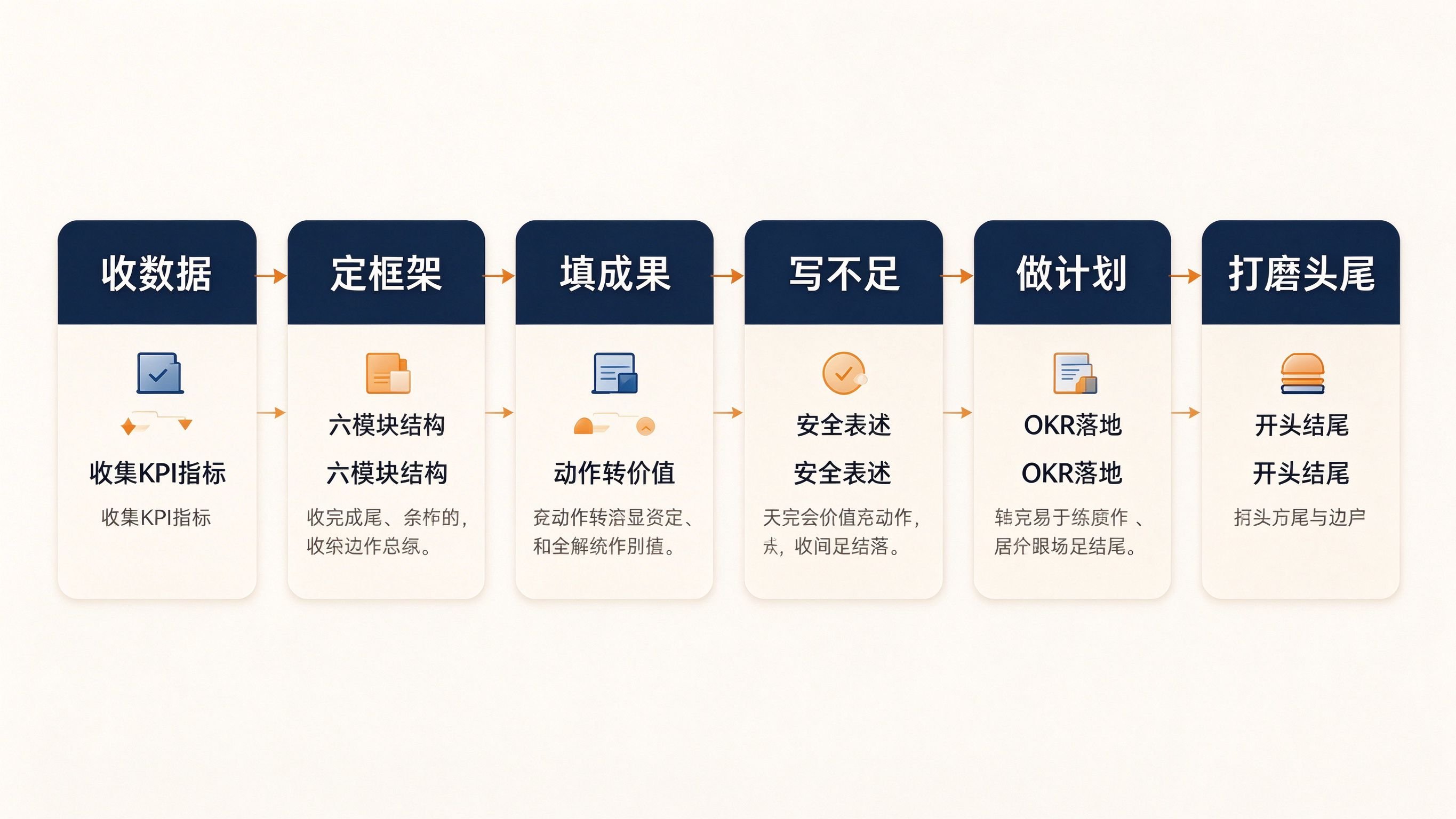 季度工作总结六步法流程图:收数据定框架填成果写不足做计划打磨头尾