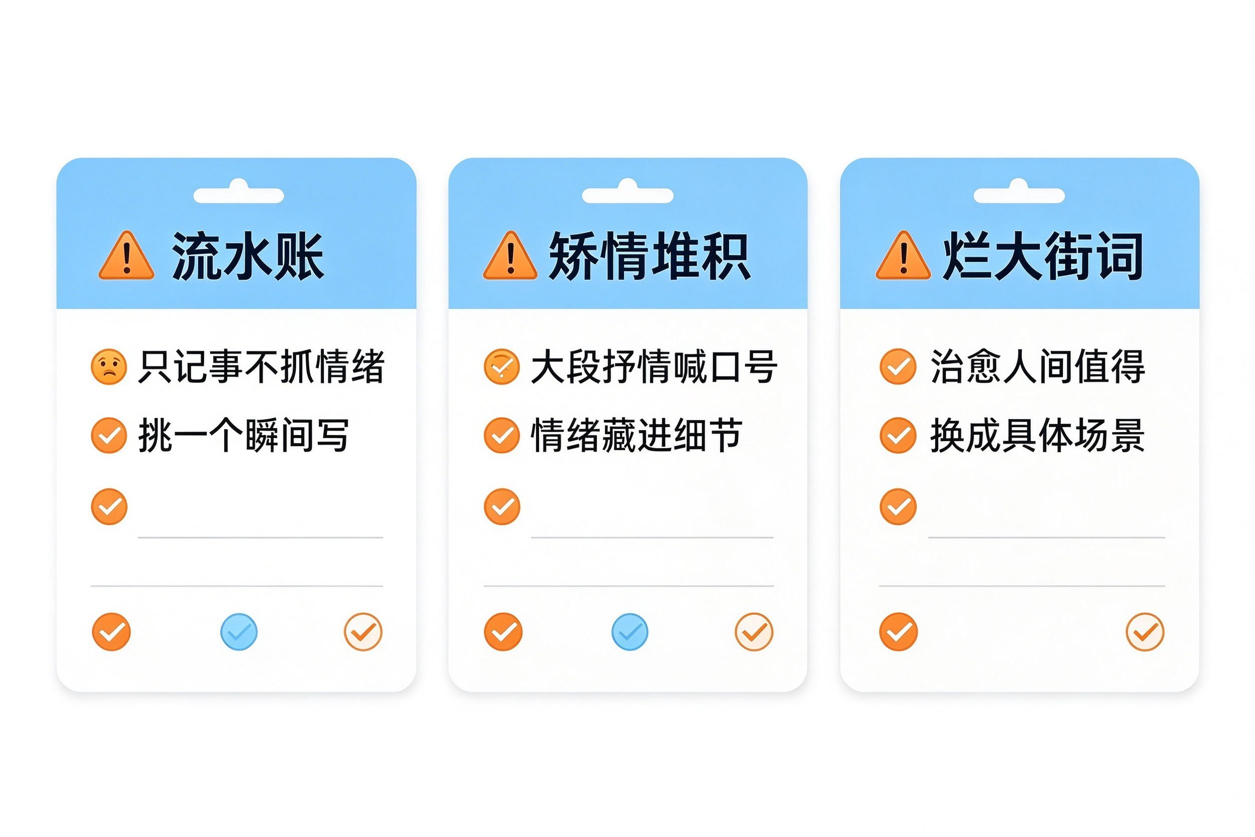 小清新写作三个常见雷区避坑速查表:流水账、矫情堆砌、烂大街词