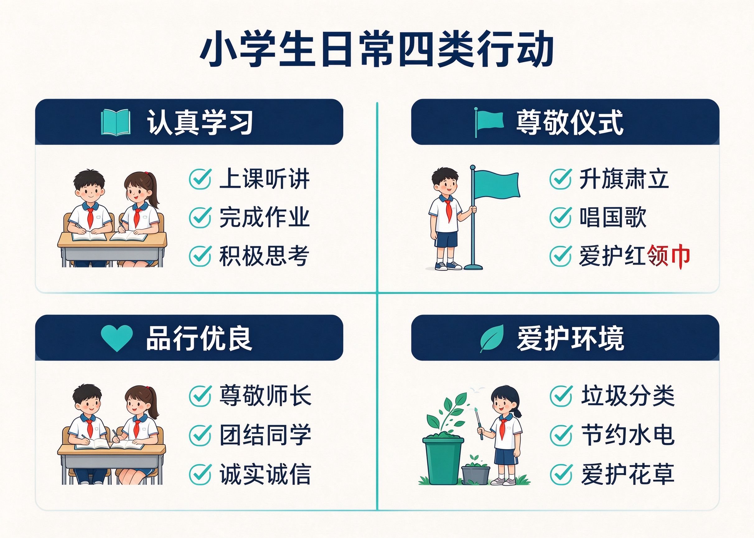 小学生日常四类行动清单表,认真学习尊敬仪式品行优良爱护环境