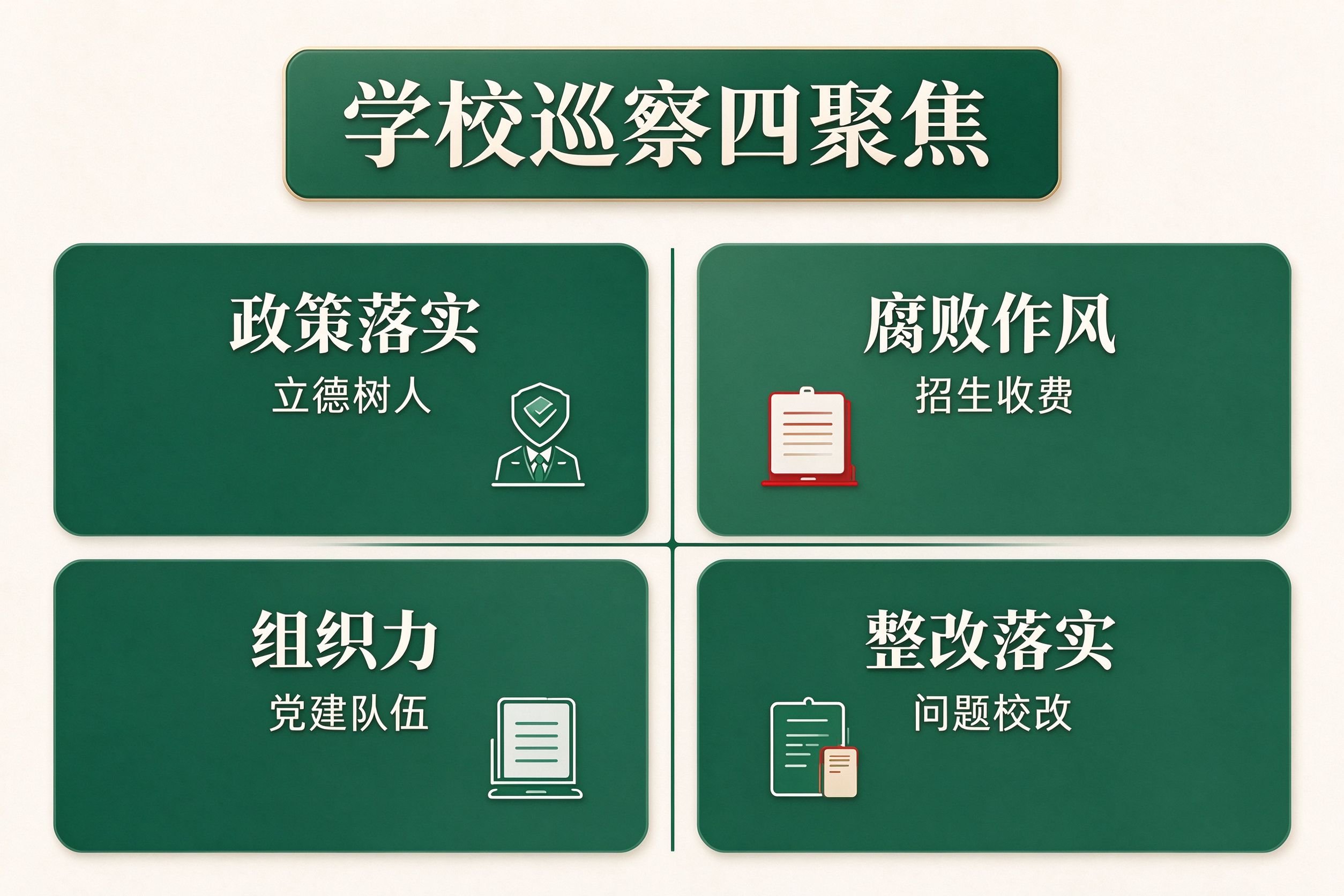 学校巡察四个聚焦覆盖图：政策落实立德树人、腐败作风招生收费、组织力党建队伍、整改落实问题整改