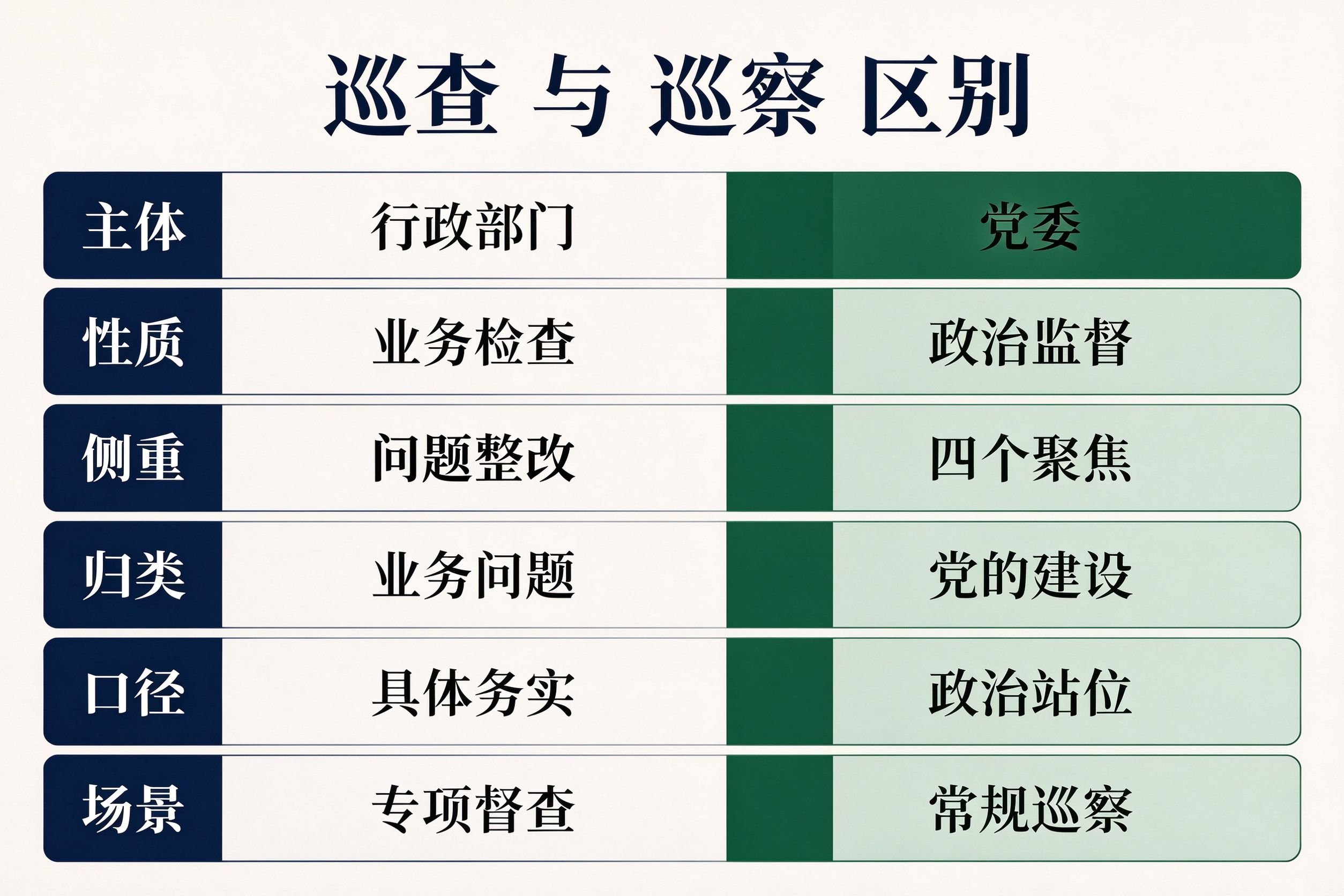 巡查与巡察区别对比表：主体行政部门vs党委、性质业务检查vs政治监督、侧重问题整改vs四个聚焦、归类业务问题vs党的建设、口径具体务实vs政治站位、场景专项督查vs常规巡察
