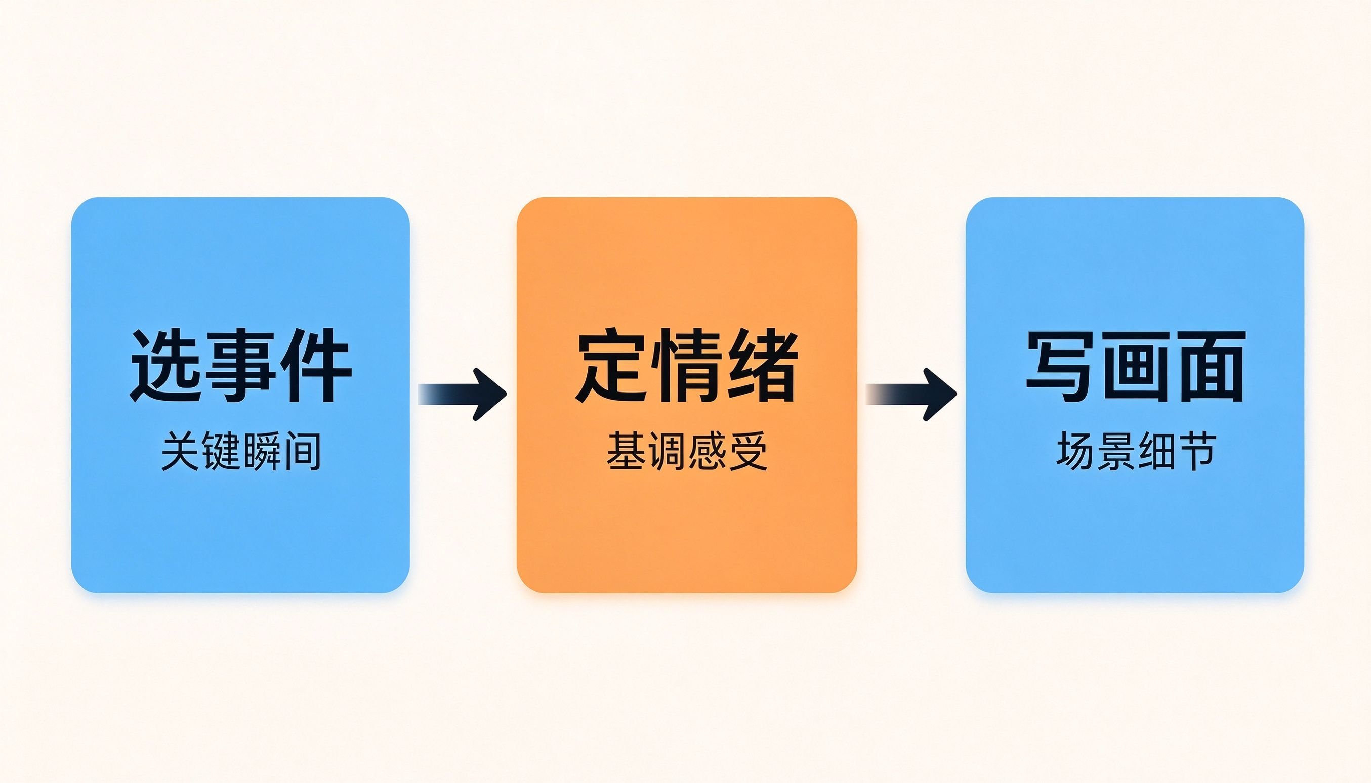 心理征文开头三步构思法流程图：选事件关键瞬间、定情绪基调感受、写画面场景细节