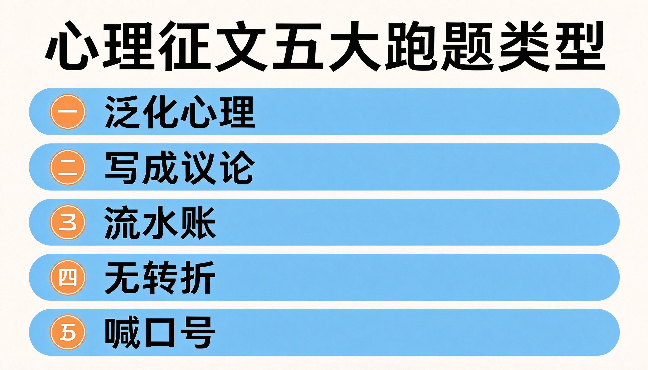 心理征文五大跑题类型清单：泛化心理、写成议论、流水账、无转折、喊口号