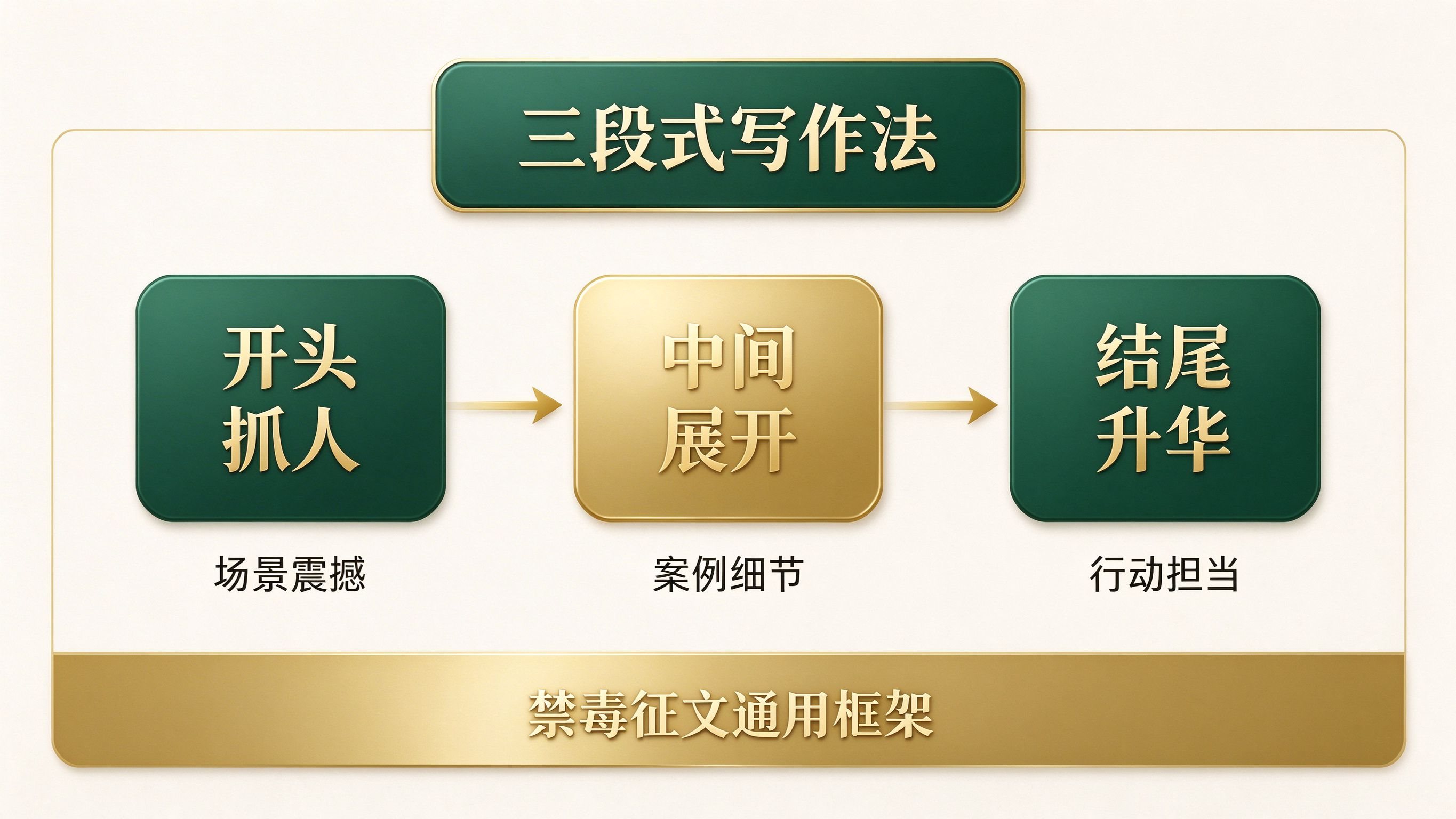 禁毒征文三段式写作法流程图:开头抓人到中间展开再到结尾升华