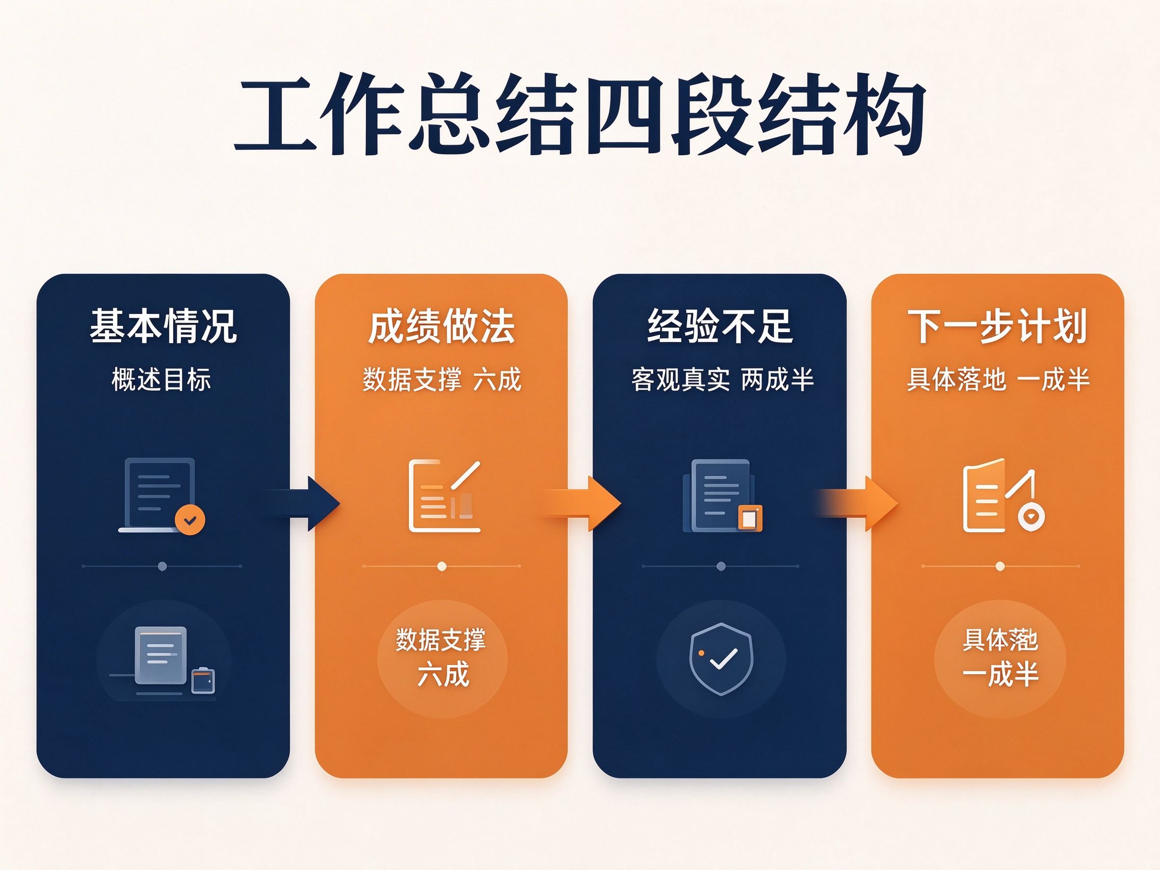 工作总结四段结构流程图:基本情况到成绩做法到经验不足到下一步计划