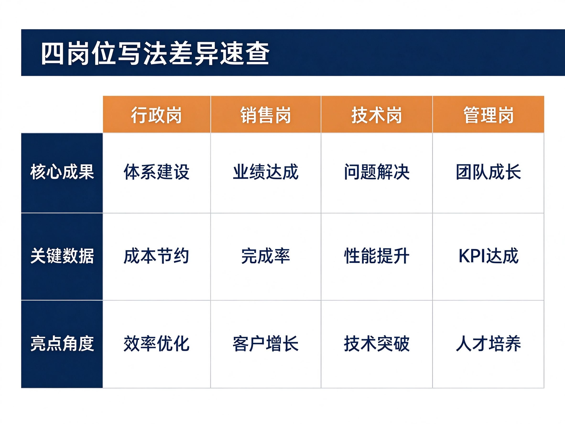 四岗位写法差异速查图:行政销售技术管理的核心成果关键数据亮点角度