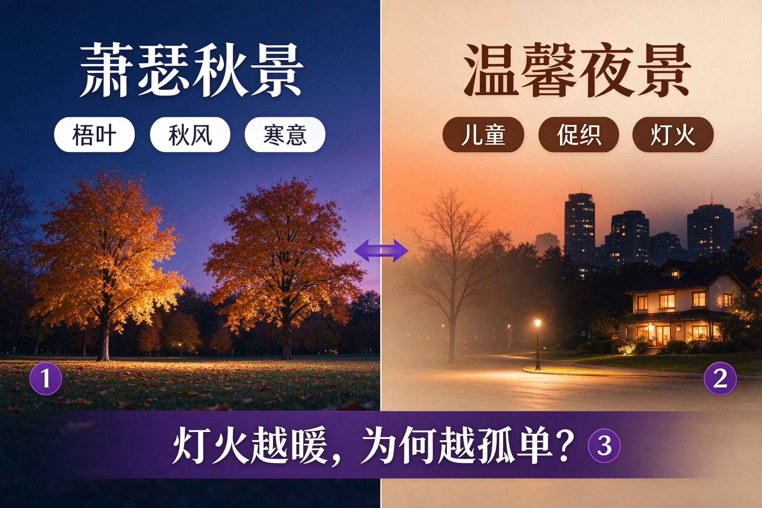 夜书所见以乐景衬哀情对比页设计三步法：左冷色调萧瑟秋景右暖色调温馨夜景底部反问句