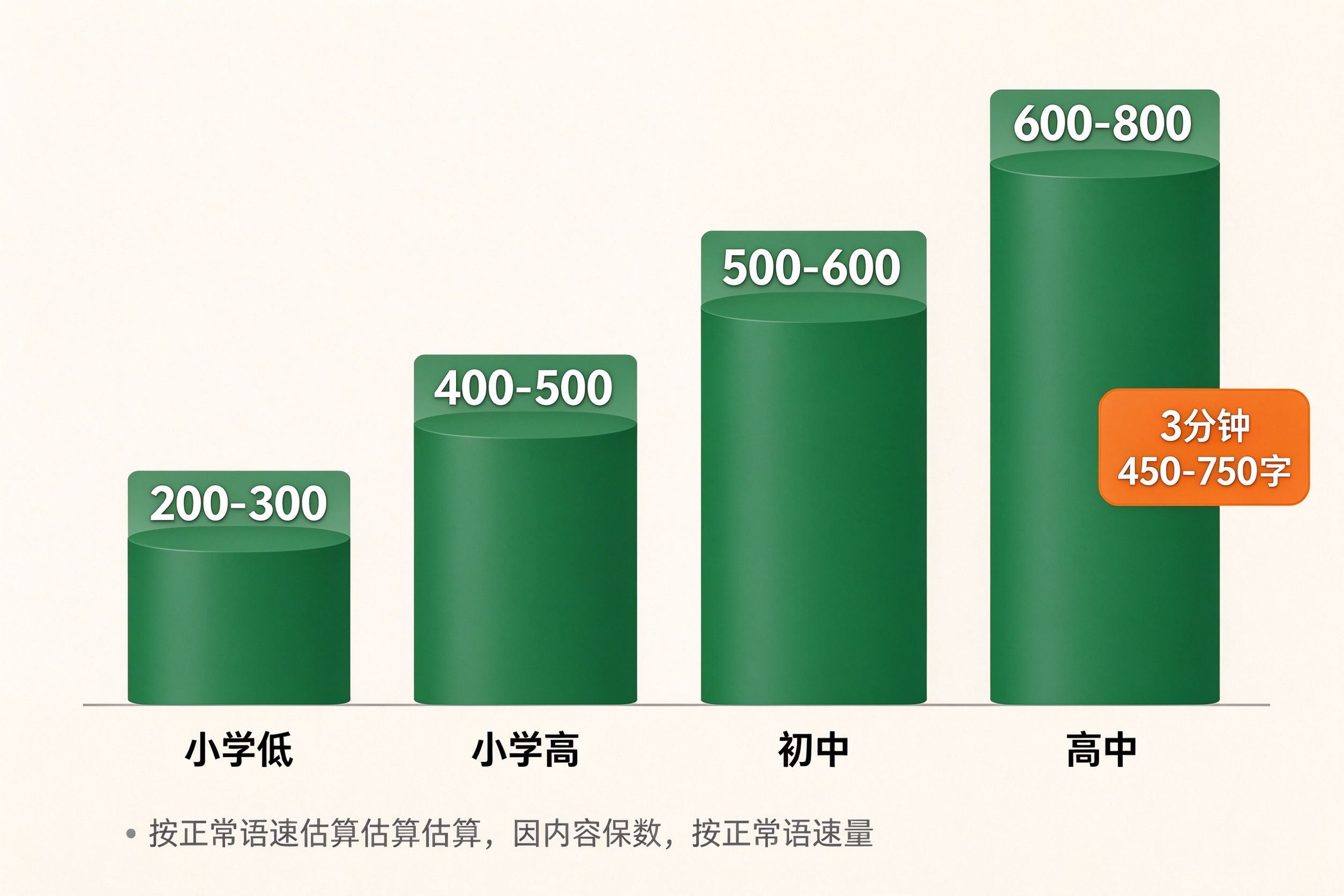 各学段课前三分钟演讲稿字数参考柱状图:小学低段200-300字、小学高段400-500字、初中500-600字、高中600-800字