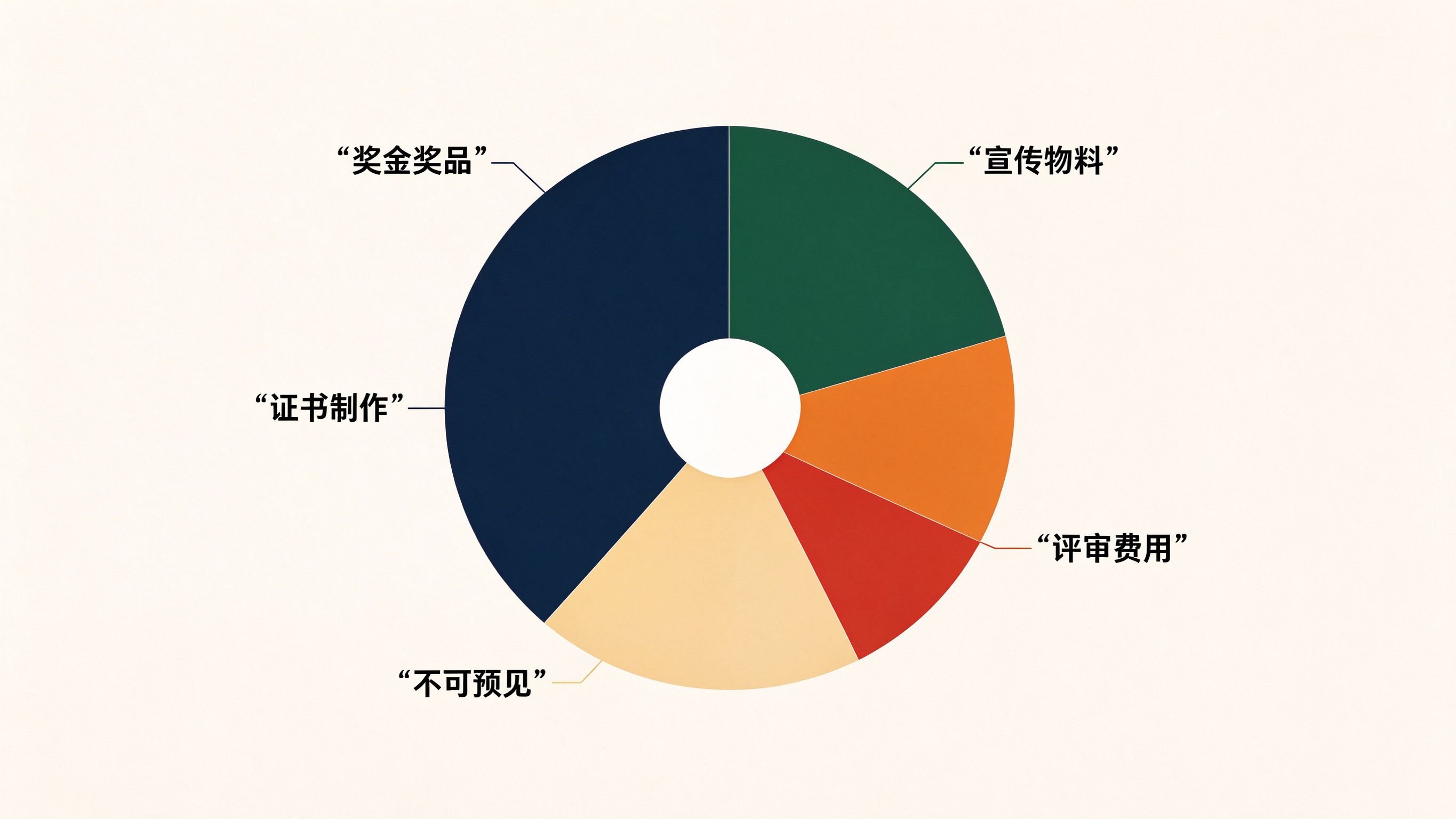 征文活动预算五项占比饼图:奖金占比最大,宣传和评审次之
