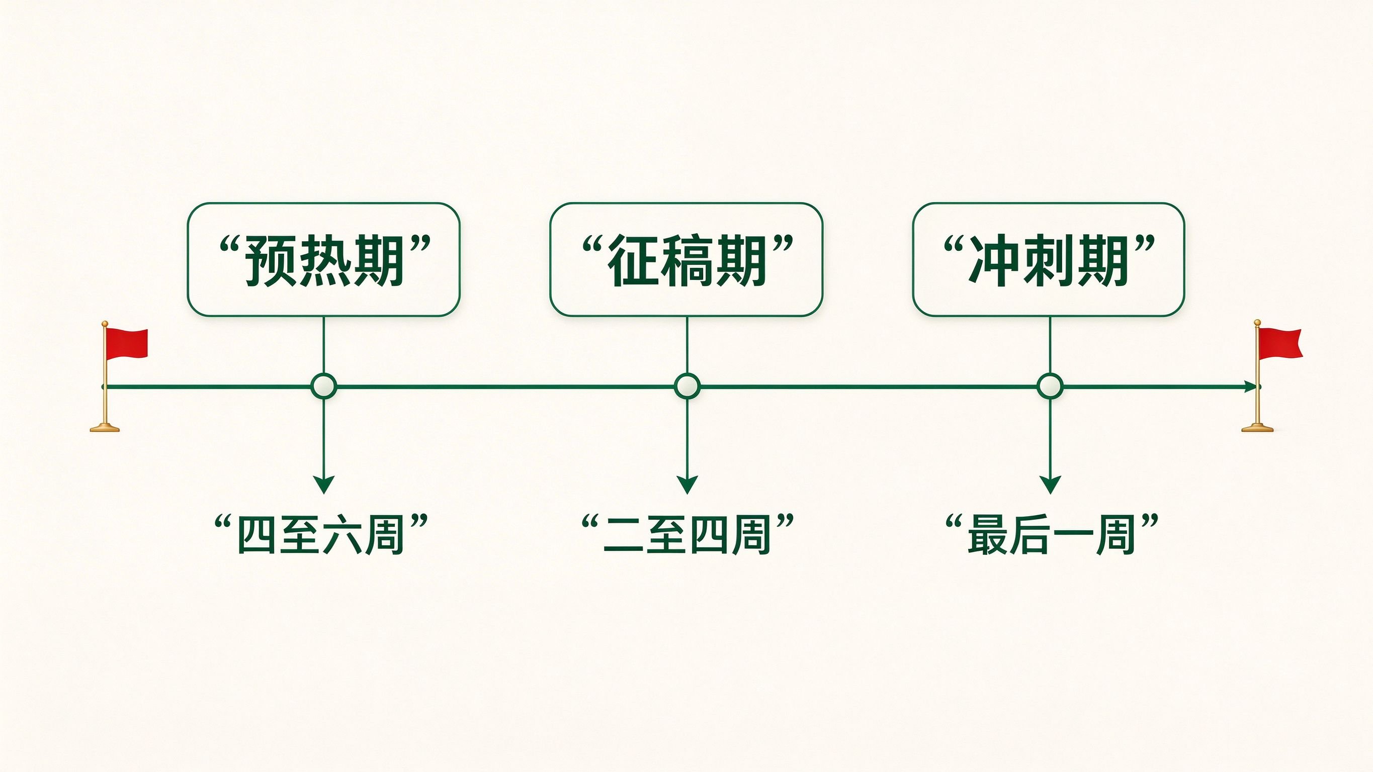 征文活动三波宣传时间线:预热期四至六周、征稿期二至四周、冲刺期最后一周