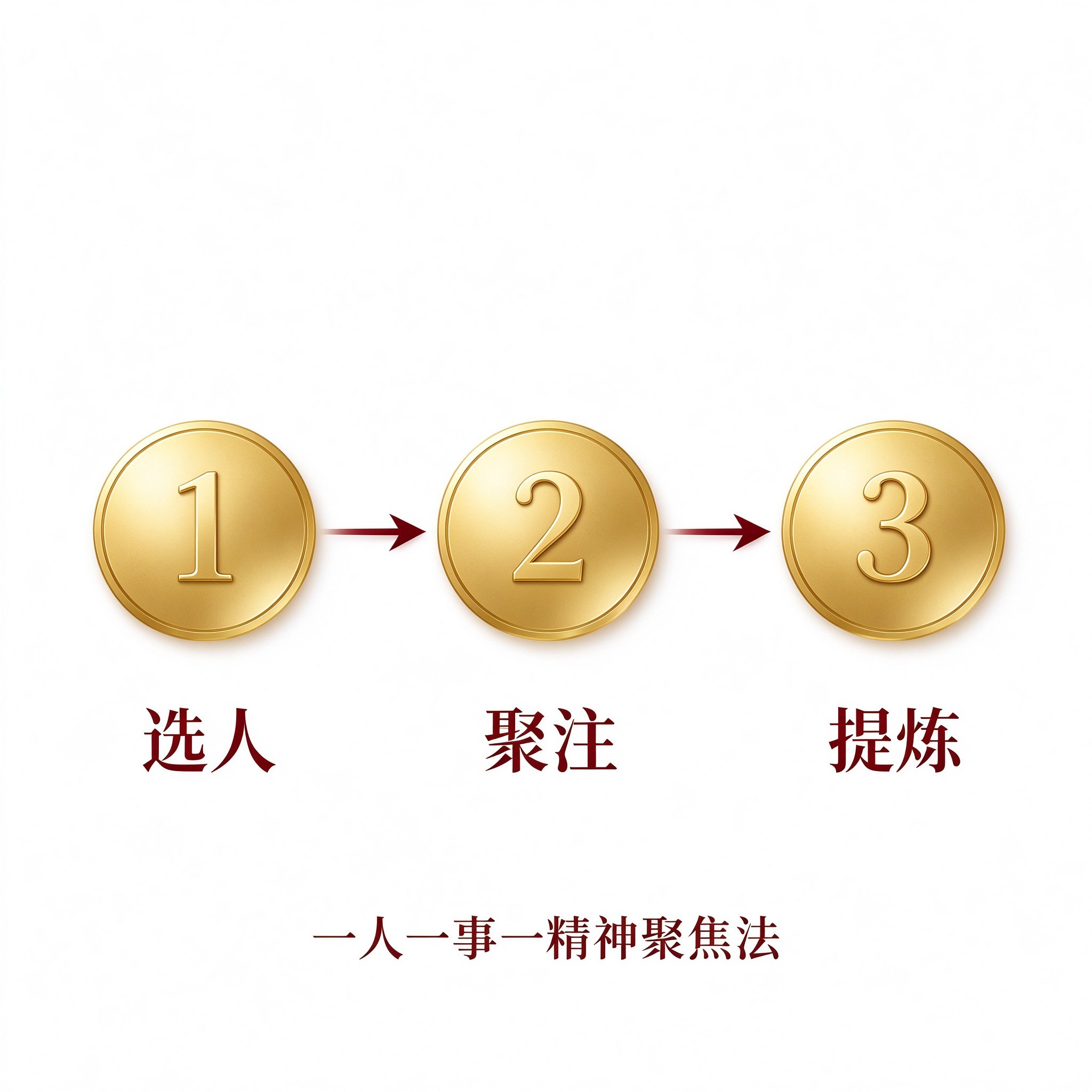 一人一事一精神聚焦法示意图:选人、聚焦、提炼三步