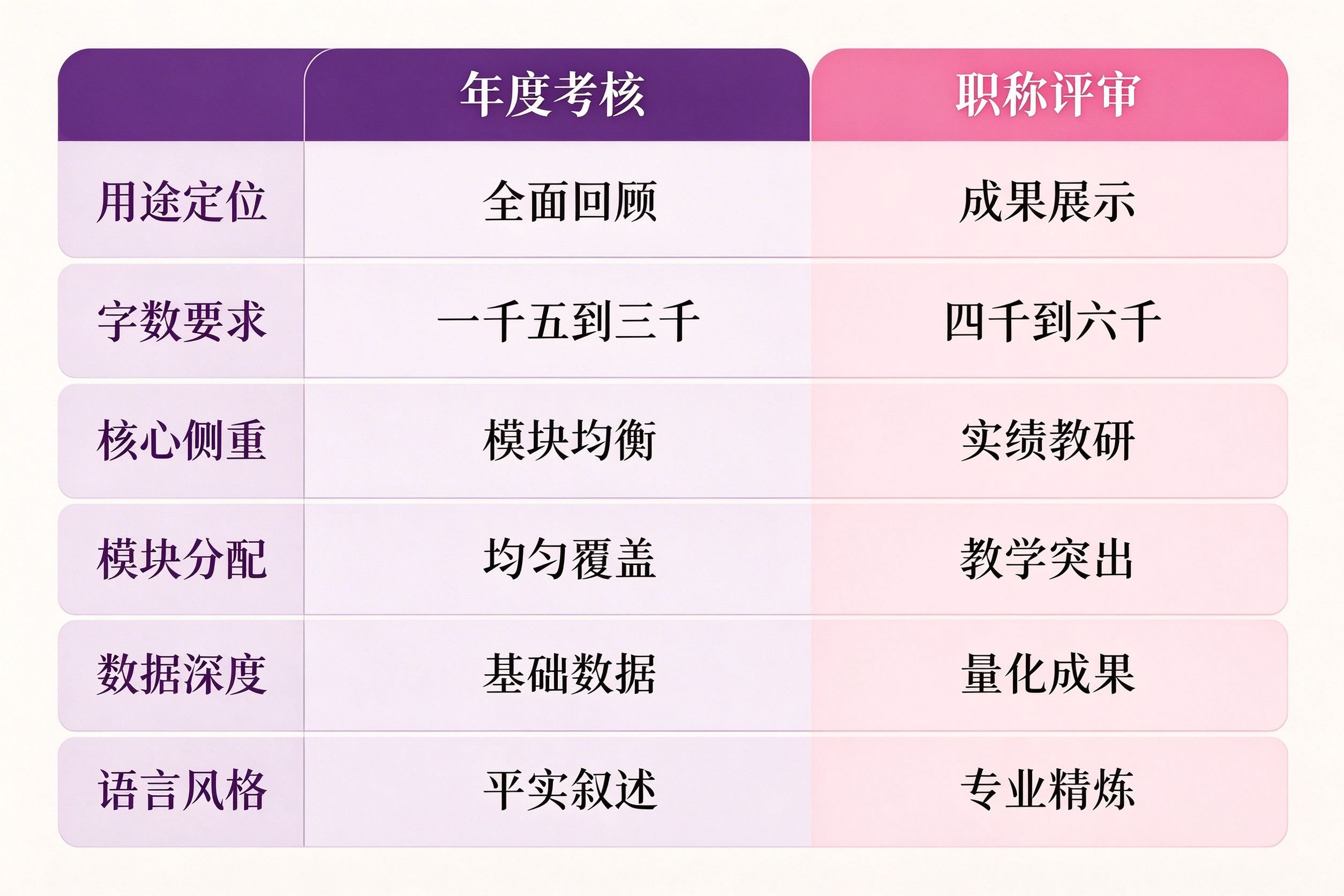 年度考核vs职称评审写法差异对比表