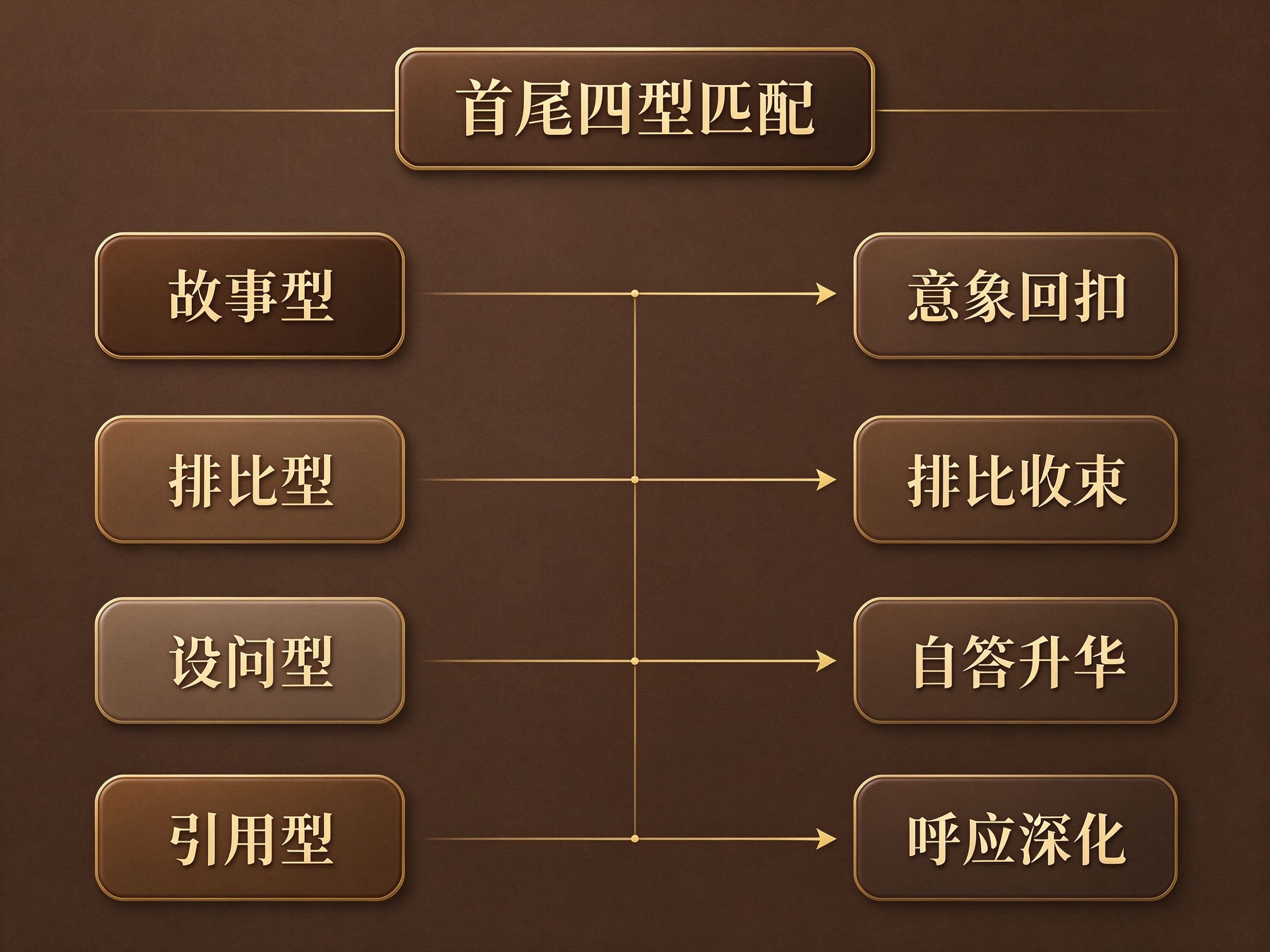 首尾照应四型匹配流程图:故事型排比型设问型引用型开头分别对应意象回扣排比收束自答升华呼应深化