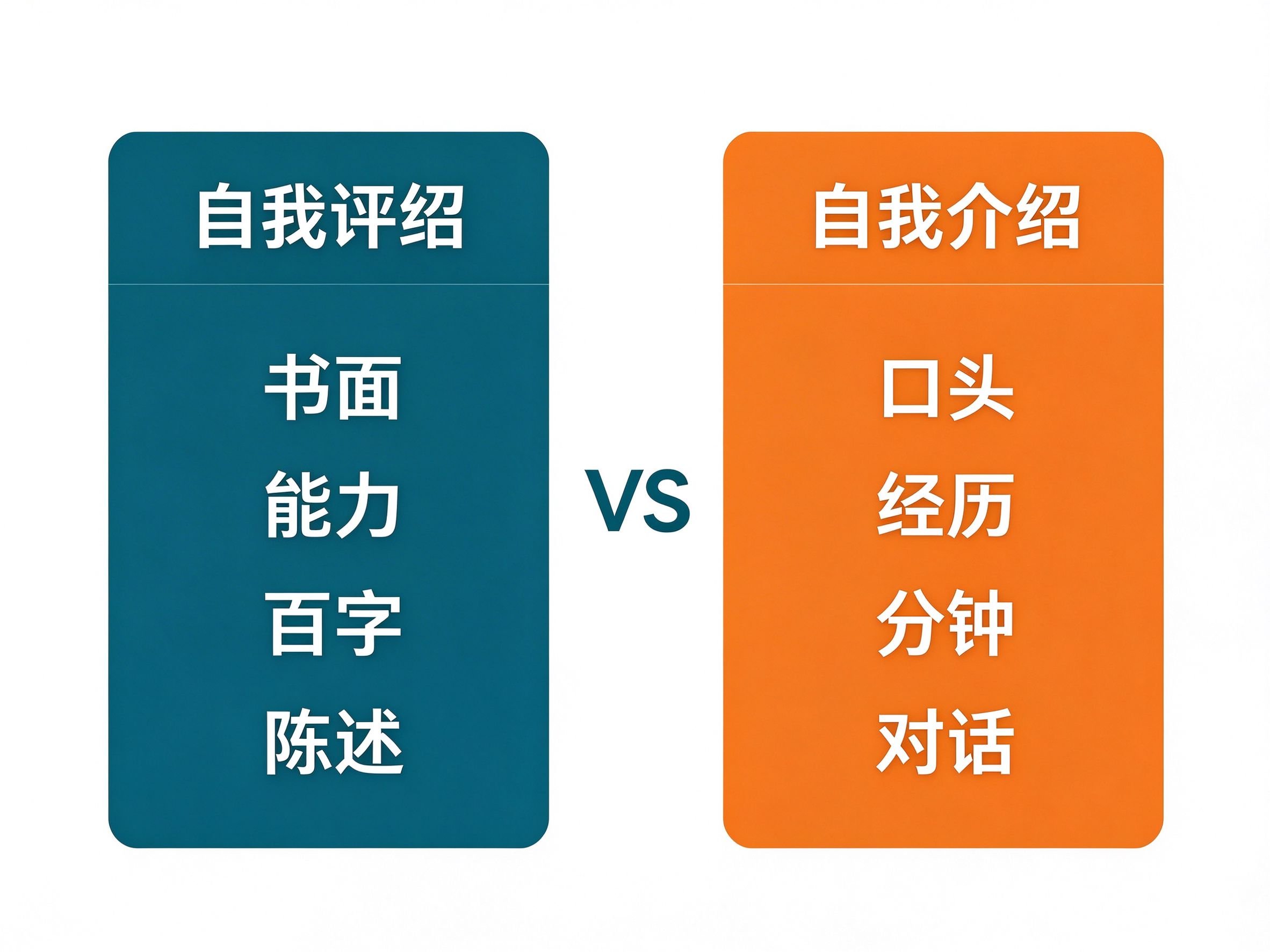 自我评价和自我介绍对比图:书面vs口头、能力vs经历、百字vs分钟、陈述vs对话