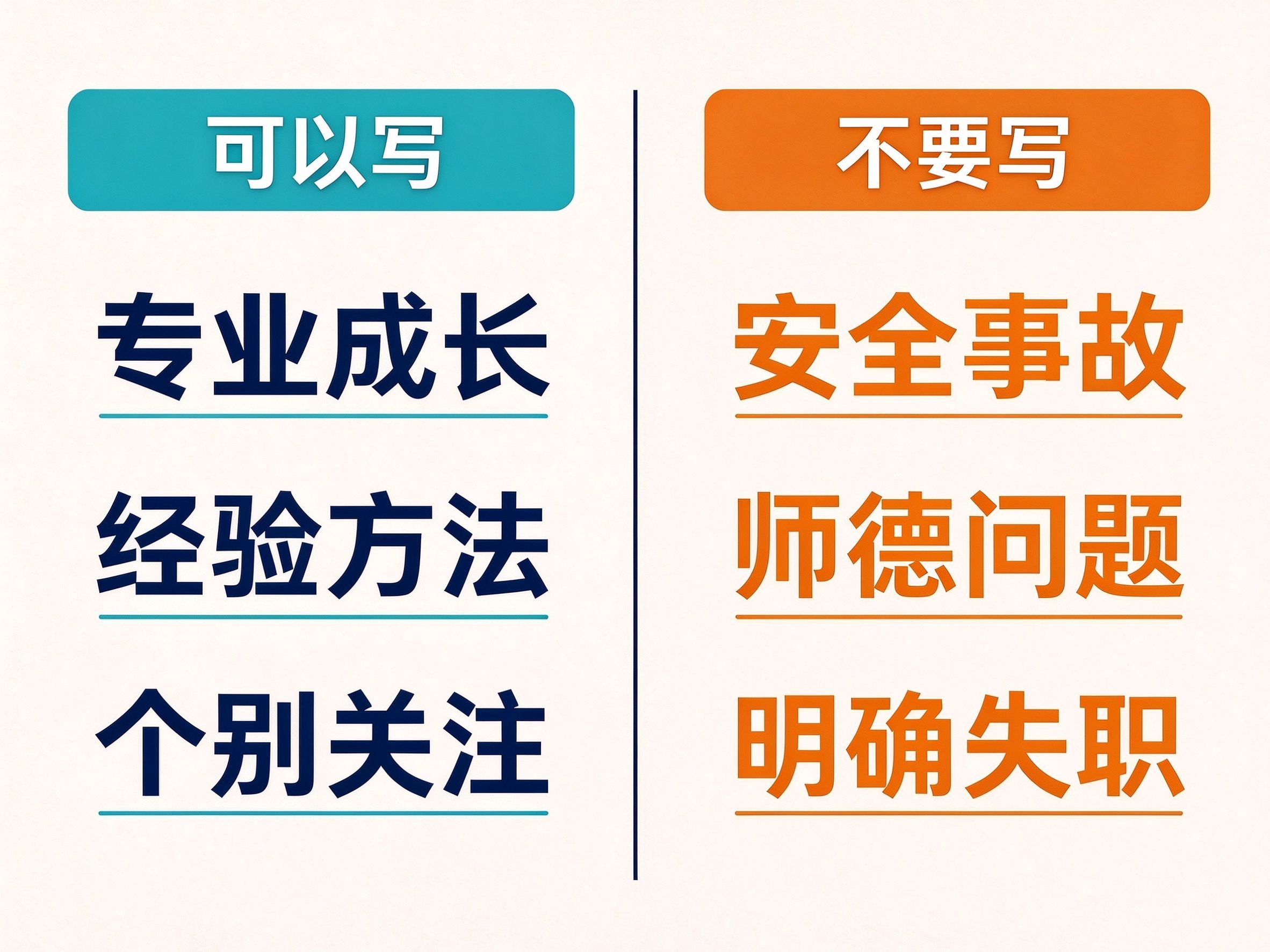 不足与反思部分可以写和不能写的内容对比表，左侧专业成长类安全可写，右侧安全事故师德问题明确失职为雷区