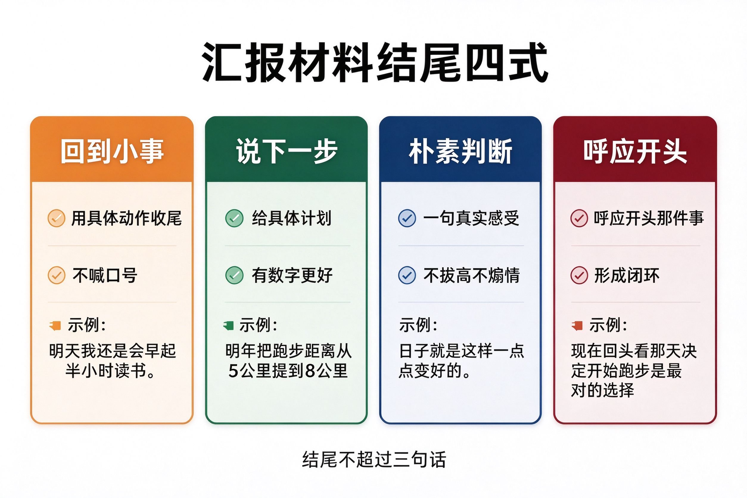 汇报材料结尾四式速查卡：回到小事、说下一步、朴素判断、呼应开头