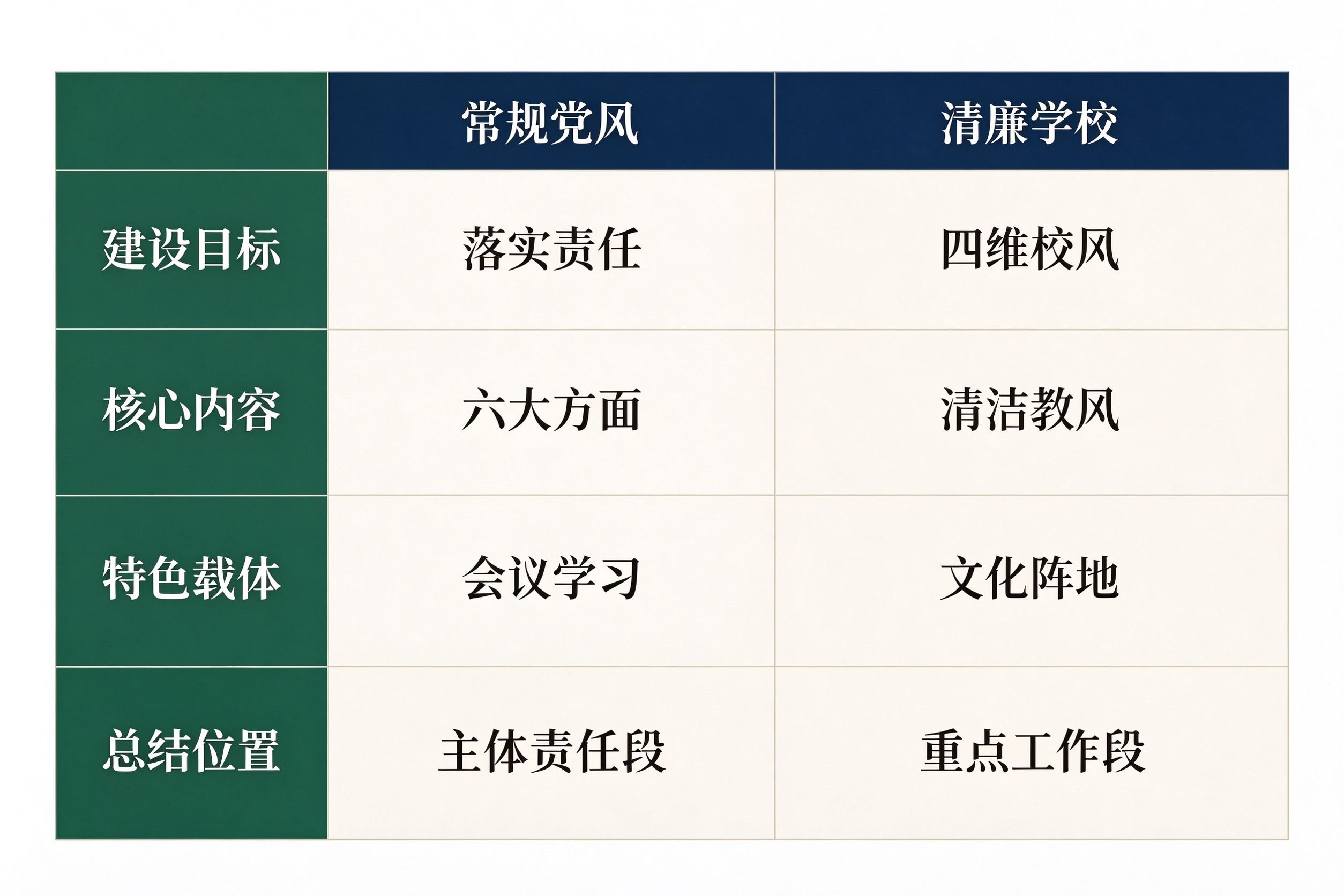 清廉学校建设与常规党风廉政建设内容对比表,展示建设目标、核心内容、特色载体、总结位置四个维度的差异