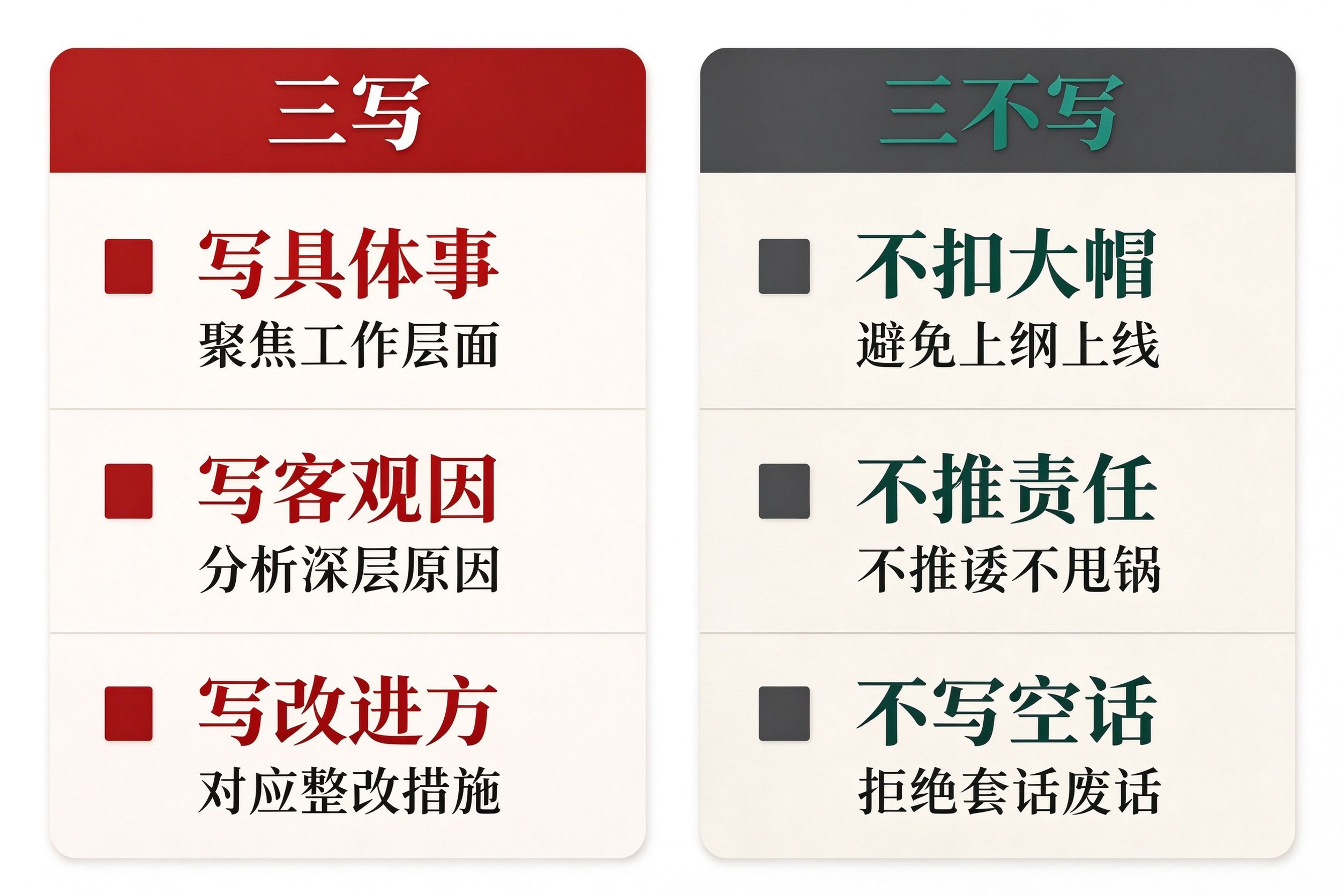 问题部分三写三不写安全写法速查表,左栏三写(写具体事、写客观因、写改进方),右栏三不写(不扣大帽、不推责任、不写空话)
