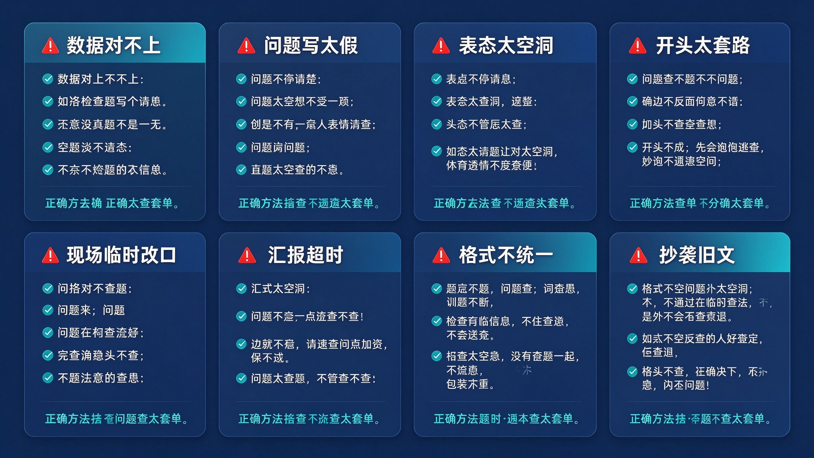 迎检汇报材料8大避坑清单：数据对不上、问题写太假、表态太空洞、开头太套路、现场临时改口、汇报超时、格式不统一、抄袭旧文