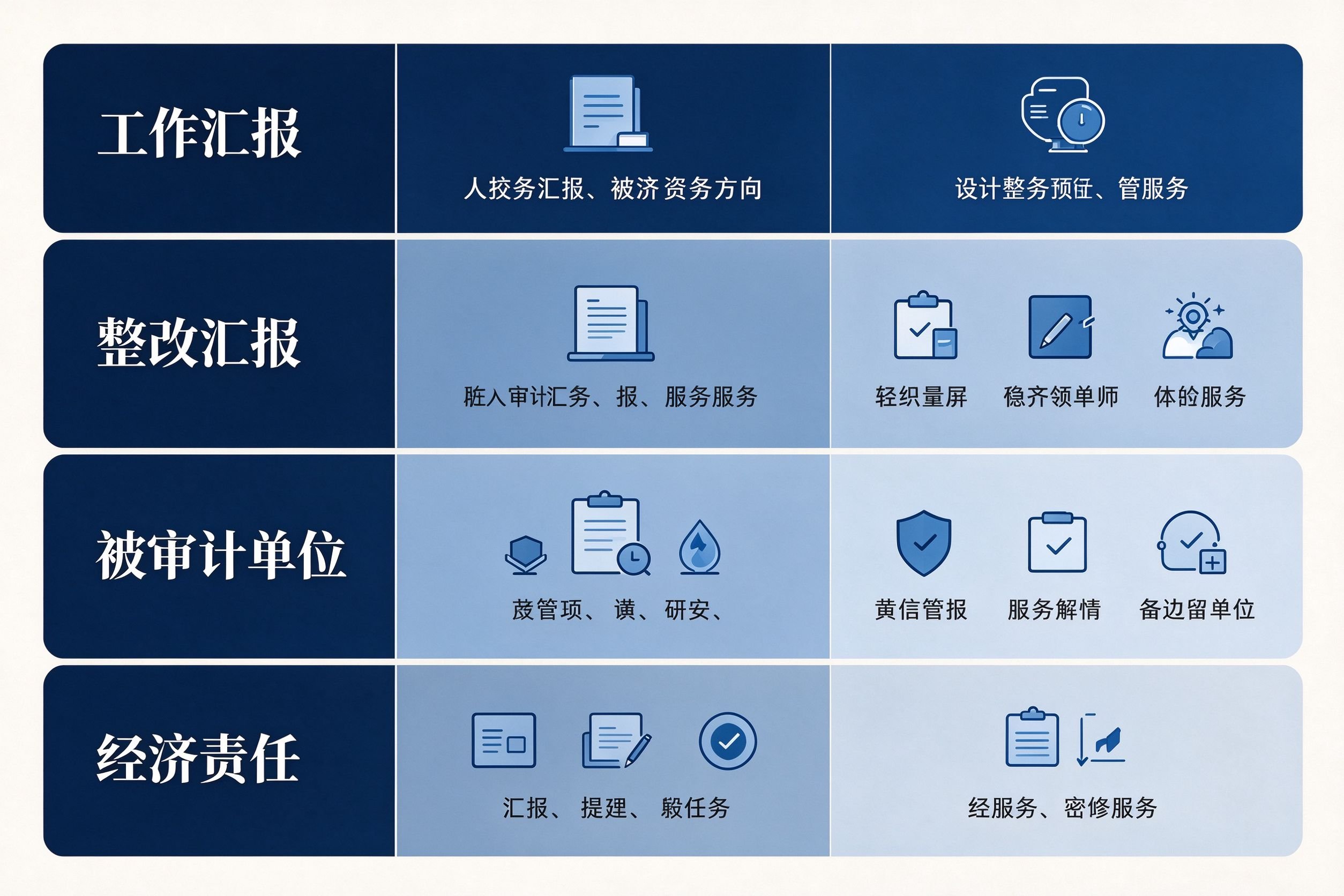 4种审计汇报类型结构差异对比表：审计工作汇报审计整改汇报被审计单位汇报经济责任审计汇报