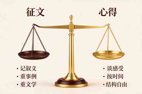 军训征文和心得体会文体特征对比天平图:征文重事例重文学,心得谈感受结构自由