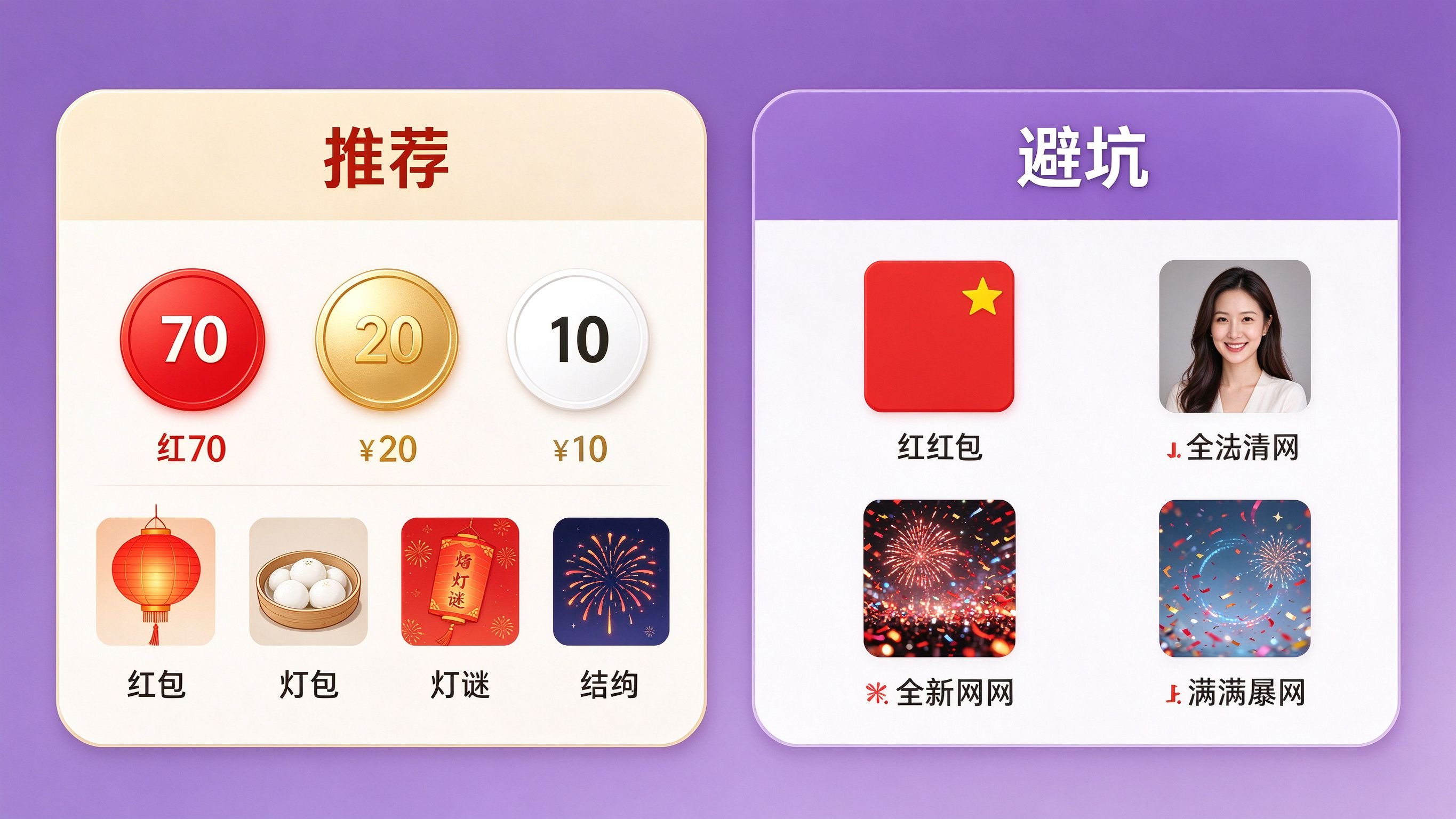 元宵节ppt配色对照:推荐红70金20白10 vs 避坑纯红配黄低清网图